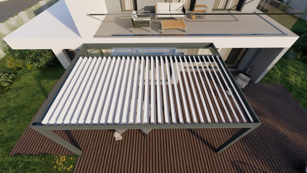 Pergola bioclimatique modulable en aluminium gris anthracite, installée près d’une piscine